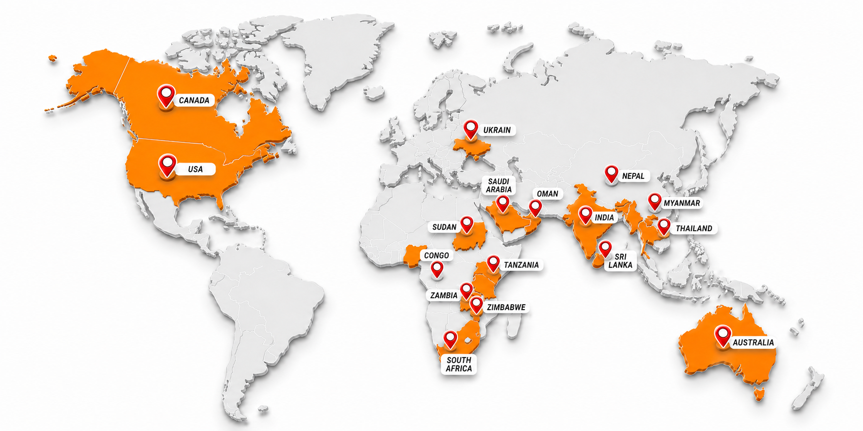 Global reach map showing the international markets served by Hardic Engineering